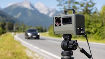 Graues Radargerät auf Stativ am Straßenrand mit Auto auf der Fahrbahn und Bergen im Hintergrund
