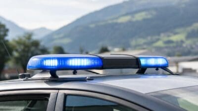 Leuchtendes blaues Blaulicht auf dem Dach eines Polizeifahrzeugs mit Bergen im Hintergrund