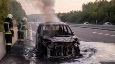 Pkw mit Wohnwagen brennt auf A11 bei Rosenbach aus
