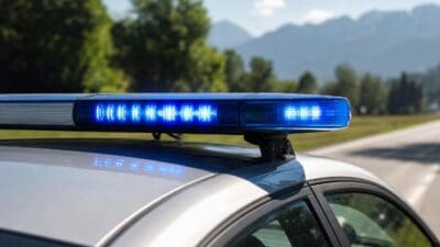 Aktiviertes blaues Blaulicht auf dem Dach eines Polizeifahrzeugs mit Berglandschaft im Hintergrund