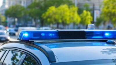 Nahaufnahme der blauen Blaulichtleiste auf dem Dach eines Polizeifahrzeugs mit verschwommenem Stadthintergrund