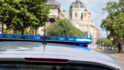 Das Dach eines Polizeifahrzeugs mit leuchtendem blauen Blaulicht und roter Leuchte