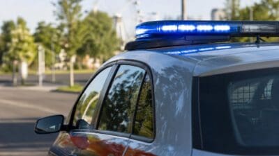 Blaues Blaulicht auf dem Dach eines silbernen Polizeifahrzeugs mit roten Streifen