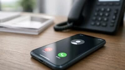 Smartphone liegt auf einem Holztisch und zeigt einen eingehenden Anruf auf dem Display