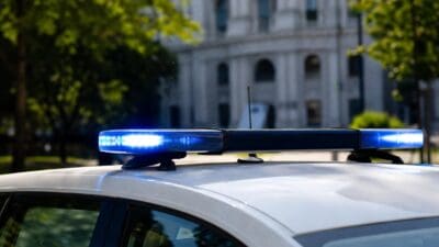 Aktiviertes blaues Blaulicht auf dem Dach eines weißen Polizeifahrzeugs vor einem Gebäude.