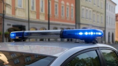 Blaues Blaulicht auf dem Dach eines silbernen Polizeifahrzeugs vor bunten Gebäuden