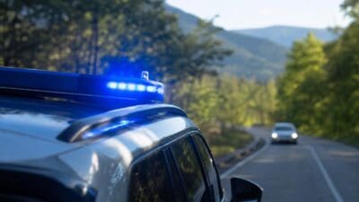 Polizeifahrzeug mit blauem Blaulicht auf einer kurvigen Straße vor Berglandschaft