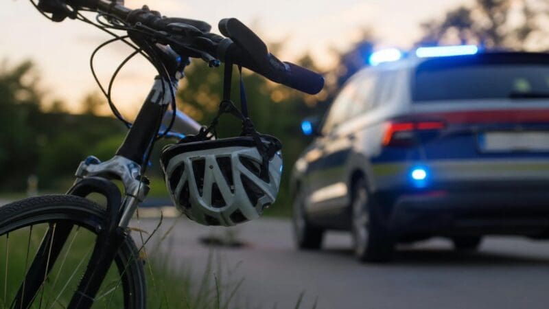 Fahrradlenker mit hängendem weißem Helm und Polizeifahrzeug mit Blaulicht im Hintergrund
