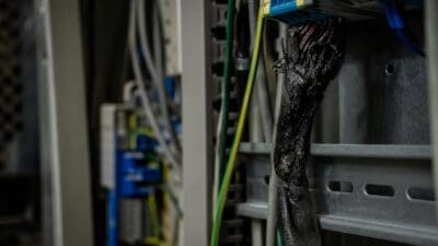 Nahaufnahme eines stark verschmorten Elektrokabels mit freiliegenden Drähten in einem Schaltschrank.