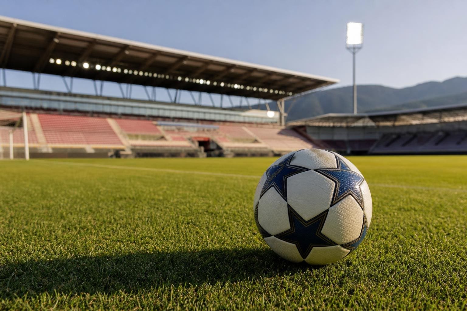 Ein Fußball mit Sternenmuster liegt auf dem grünen Rasen eines leeren Stadions mit Tribünen und Bergen im Hintergrund.