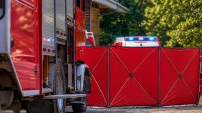Rotes Feuerwehrfahrzeug neben aufgestelltem rotem Sichtschutz und Einsatzfahrzeug mit Blaulicht.
