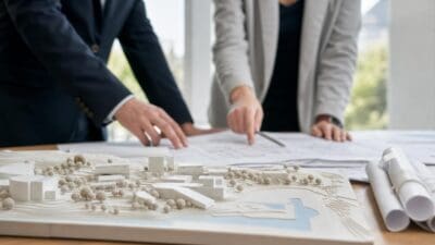 Ein Mann im dunklen Anzug und eine Frau im grauen Blazer betrachten ein weißes Architekturmodell auf einem Tisch.