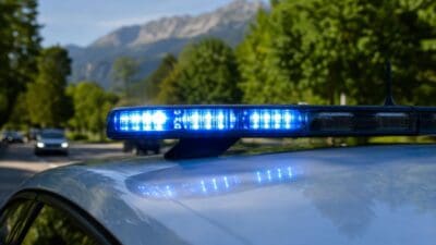Nahaufnahme des blauen Blinklichts auf einem Polizeifahrzeug mit Bergen im Hintergrund