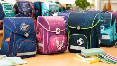 Mehrere bunte Schulrucksäcke mit verschiedenen Motiven auf einem Holztisch neben Stiften und Heften