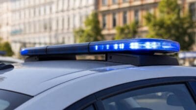Nahaufnahme eines aktivierten blauen Blaulichts auf dem Dach eines Polizeifahrzeugs