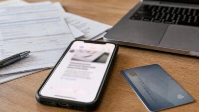 Smartphone in schwarzer Hülle mit App-Display neben Kreditkarte auf Holztisch mit Papieren und Laptop