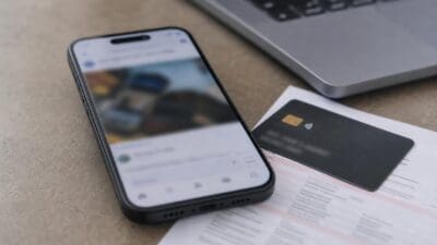 Ein schwarzes Smartphone zeigt eine App neben einer Kreditkarte auf Dokumenten und einem Laptop