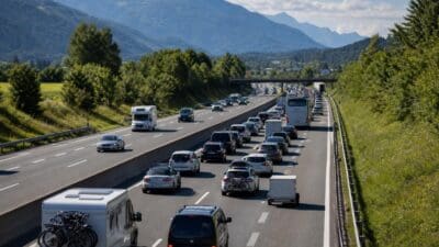 Dichter Verkehr auf mehrspuriger Autobahn mit Autos und Wohnmobilen vor Bergpanorama