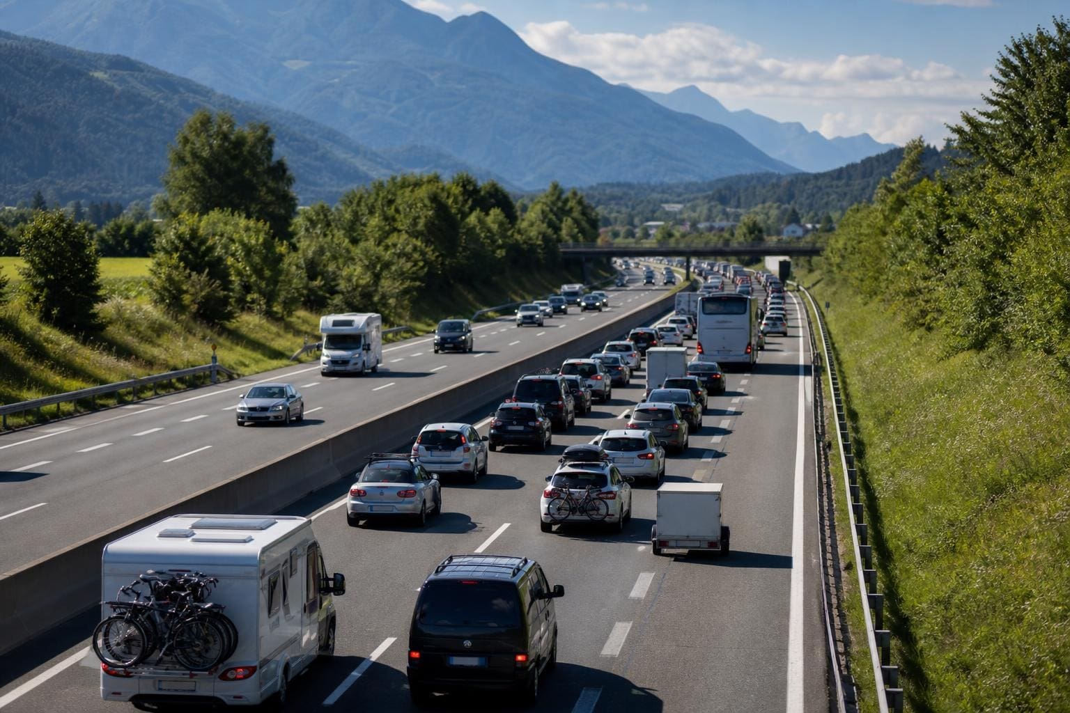 Dichter Verkehr auf mehrspuriger Autobahn mit Autos und Wohnmobilen vor Bergpanorama