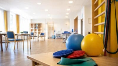Blaue und gelbe Übungsbälle sowie Balancekissen und ein Widerstandsband auf einem Holztisch