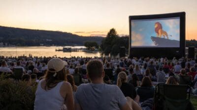 Zuschauer auf einer Wiese vor einer Leinwand mit Simba aus Der König der Löwen am See