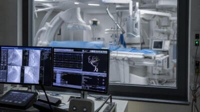 Monitore zeigen Angiogramme von Blutgefäßen, EKG-Kurven und ein 3D-Modell vor einem Eingriffsraum.