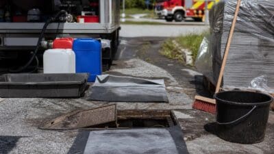 Offener Schacht mit abgenommenem Gitterrost, Absorptionsmatten und Kanistern auf dem Boden bei einem Feuerwehreinsatz