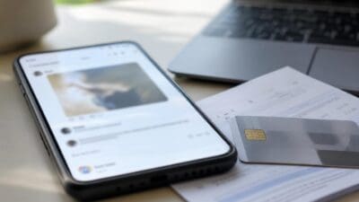 Smartphone zeigt Finanzdiagramm auf dem Display neben Kreditkarte und Papieren auf einem Tisch