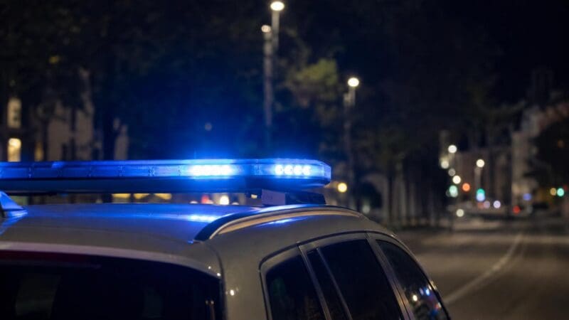 Blaues Blaulicht leuchtet auf dem Dach eines Polizeifahrzeugs bei Nacht