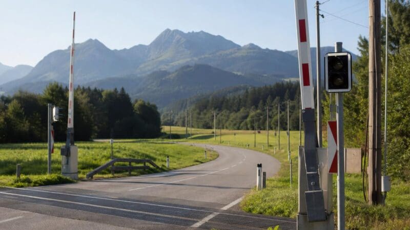 Rot-weiße Schranken eines Bahnübergangs an einer kurvigen Landstraße vor bewaldeten Bergen