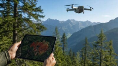 Eine Person hält ein Tablet mit einer rot markierten Karte eines Waldes, während eine Drohne über Bergen fliegt.