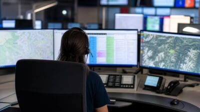 Eine Frau mit Headset sitzt vor mehreren Monitoren mit Karten in einer Kontrollzentrale.