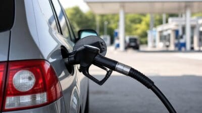 Silbernes Auto mit eingesteckter schwarzer Zapfpistole an einer Tankstelle