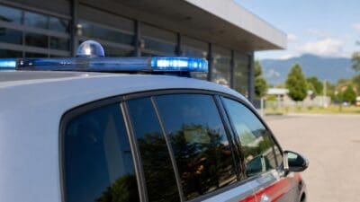 Polizeifahrzeug mit aktiviertem Blaulicht vor einem Gebäude mit Glasfassade