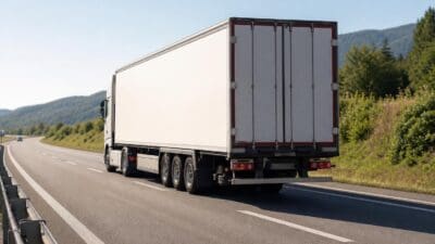 Weißer Sattelzug fährt auf einer mehrspurigen Autobahn durch eine bewaldete Hügellandschaft