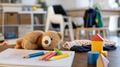 Ein brauner Teddybär liegt auf einem Holztisch neben Buntstiften, einem Block und Bauklötzen.