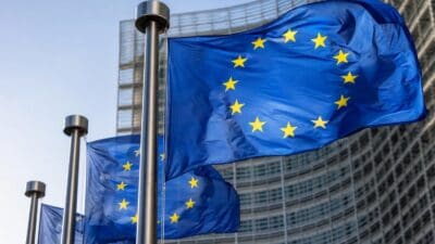Mehrere blaue EU-Flaggen mit gelben Sternen wehen vor einem modernen Gebäude.