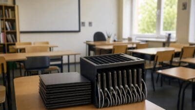 Schwarze Ladebox mit Tablets und Stapel Laptops auf einem Holztisch in einem Klassenzimmer