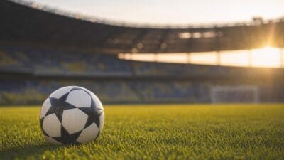 Fußball mit dem Logo der UEFA Champions League auf dem Rasen eines Stadions