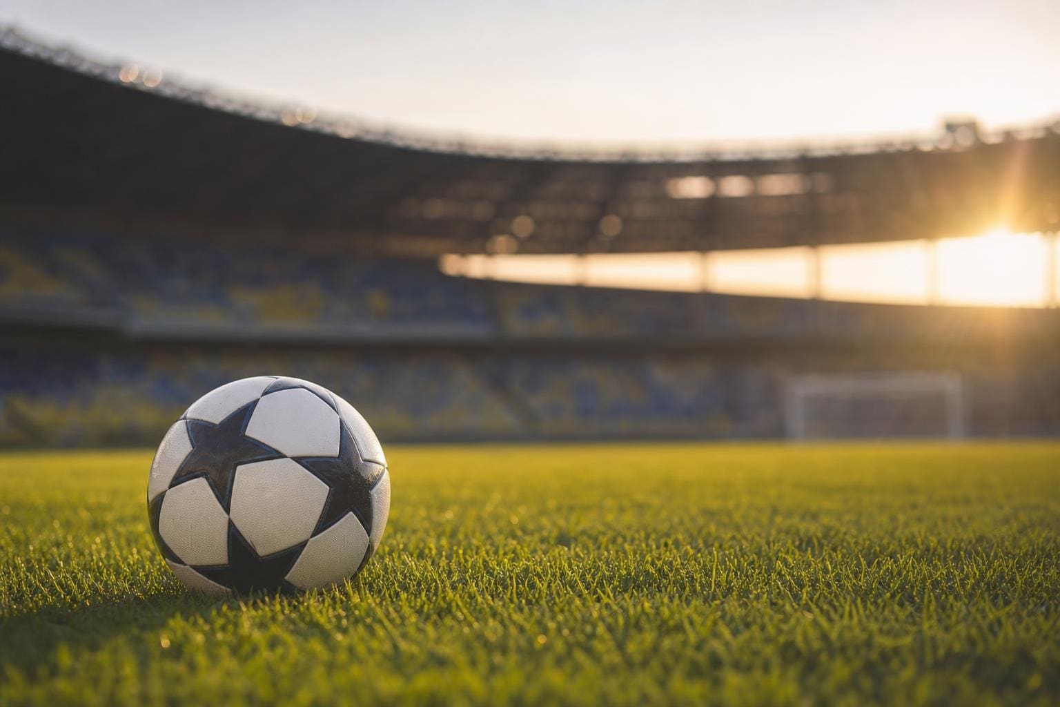 Fußball mit dem Logo der UEFA Champions League auf dem Rasen eines Stadions