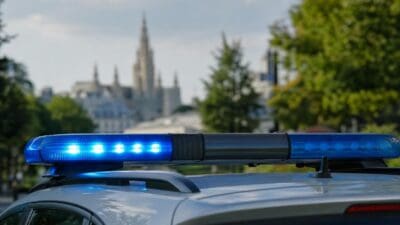 Blaues Blaulicht auf dem Dach eines Polizeifahrzeugs vor einer unscharfen Stadtkulisse mit Turm
