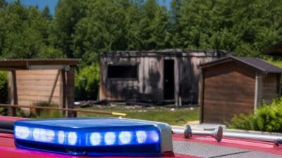 Blaues Blaulicht auf einem roten Feuerwehrfahrzeug vor einem ausgebrannten Tiny House