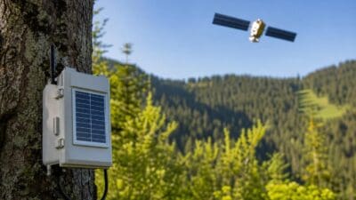 Weißes Messgerät mit Solarpanel an einem Baumstamm vor bewaldeten Bergen und Satellit am Himmel