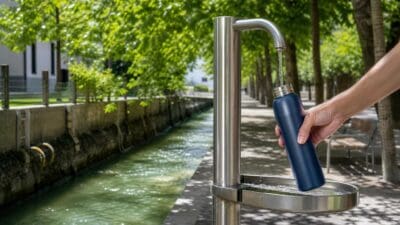 Eine Hand füllt eine blaue Trinkflasche an einer Edelstahl-Trinkstation neben einem Kanal.