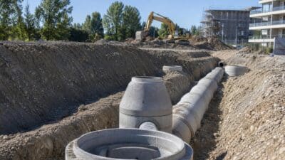Große Betonrohre liegen in einer Baugrube auf einer Baustelle mit Bagger im Hintergrund.