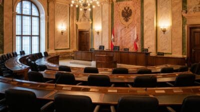 Der leere historische Plenarsaal mit geschwungenen Sitzreihen, Kronleuchtern und Fahnen im Tiroler Landhaus.