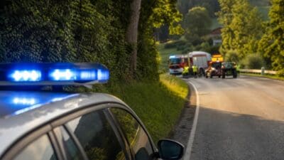 Polizeifahrzeug mit Blaulicht vor Feuerwehrfahrzeugen und brennendem Traktor auf Landstraße