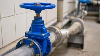 Blaues Absperrventil mit Handrad an grauen Rohrleitungen vor einer weißen Fliesenwand