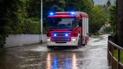Rotes Feuerwehrauto mit Blaulicht fährt durch überflutete Straße