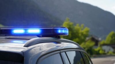 Blaulicht leuchtet auf dem Dach eines Polizeifahrzeugs vor einer Bergkulisse.
